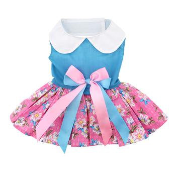 Doggie Design Pink and Blue Plumeria Floral Dress w/Lead (Small)