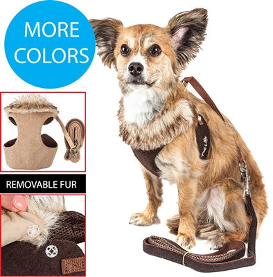 Pet Life Luxe Furracious 2in1 Brown Removable Fur Collar Harness-Leash (Large)