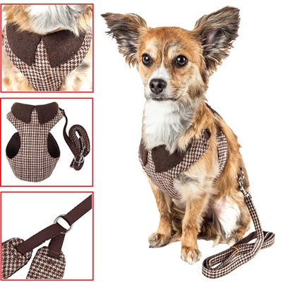 Pet Life Luxe Houndsome 2in1 Brown Revers Plaid Collar Harness-Leash* (Large)