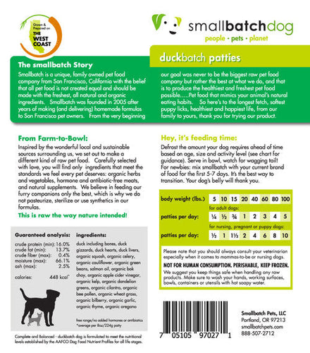 Smallbatch Duckbatch Frozen Dog Food (6 Lb Patties)